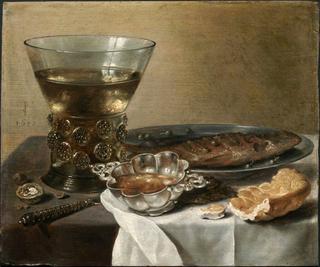 Still Life with Silver Brandy Bowl, Wine Glass, Herring and Bread