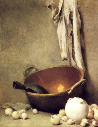 Copper Bowl, White Vase, Cloth and Onion