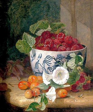 Still Life of Raspberries in a Willow Pattern Bowl, with Cherries and Bindweed