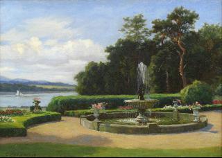 Country Garden Landscape with Fountain