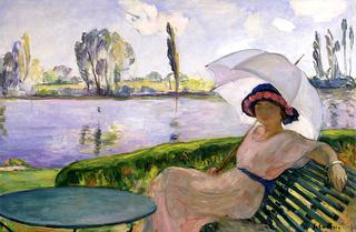 At Andelys, Young Woman with Umbrella on the Edge of Water