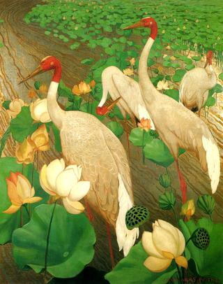 Demoiselle Cranes and Lotus