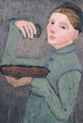 Self-portrait, holding a bowl and a glass