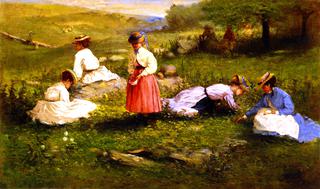 Young Girls Picking Flowers