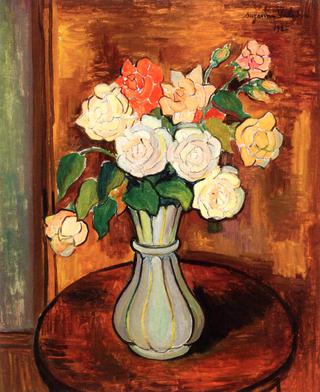 Vase of Roses on a Pedestal Table