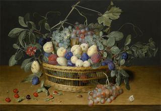 Still life with plums, grapes and peaches in a wicker basket, with Cherries, Hazelnuts, a Beetle and  a Butterfly on the Woodentabletop Beneath”
