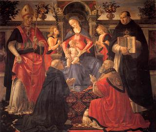 圣母玛利亚和圣子坐在天使和圣徒之间