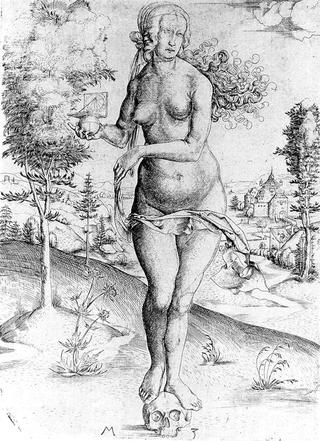 Memento Mori (A Nude Woman Holds a Sundial and Stands on a Skull with a Background Landscape)
