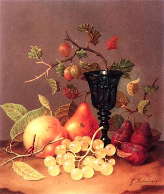 A Peach, White Grapes, a Pear, Gooseberries and a Glass