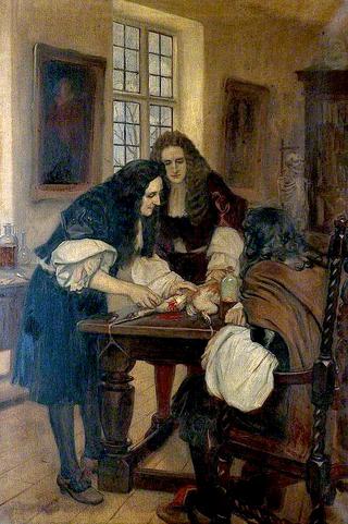 Christopher Wren Demonstrating His Method of Introducing Drugs into a Vein, before Dr Willis, 1667