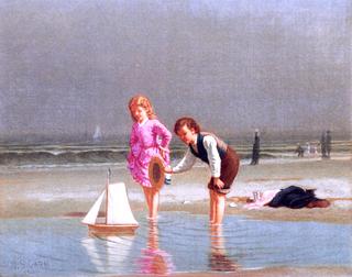 Children Playing with Toy Sailboat