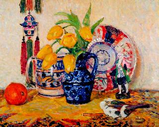Still Life, Tulips in a Blue Jug