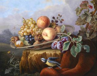 Still Life with Fruit and a Bird, Set against a Landscape