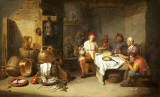 A Poor Company at Table in a Rustic Kitchen