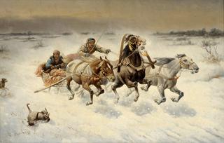 Sleigh followed by wolves