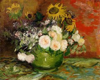 Bowl with Sunflowers, Roses and Other Flowers