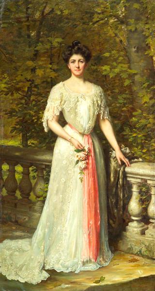 A portrait of a lady in a white dress with a pink sash by a balustrade