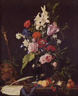 Flower Still-life with Crucifix and Skull