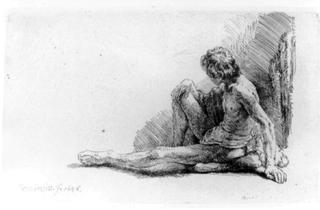 Nude Man Seated on the Ground with One Leg Extended