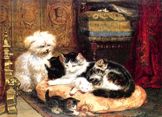 A Cat with Her Four Kittens with a Friendly Dog