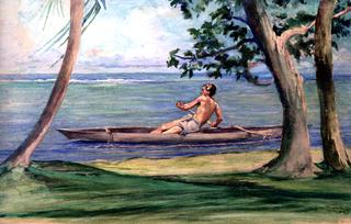 Boy in Canoe Passing in Front of Our House, Vaiala, Samoa