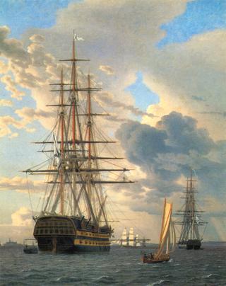 A Russian Manowar "Asow"and a Frigate Anchoring at Elsinore