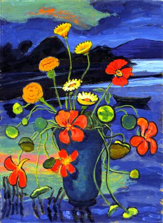 Floral Still LIfe in front of a Landscape