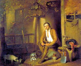 A Cottage Exterior: A Seated Labourer Filling His Pipe