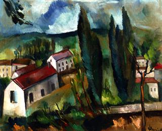 Farm and Poplars