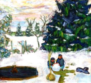 Snow Ball, Children and Dog in the Garden at Grand-Lemps