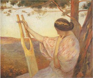 Lady with Lyre by Pine trees