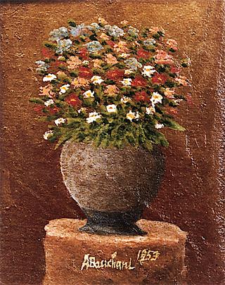 Round Vase of Flowers against a Brown Background