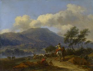Mountainous Landscape with Two Shepherds, a Shepherdess and Cattle