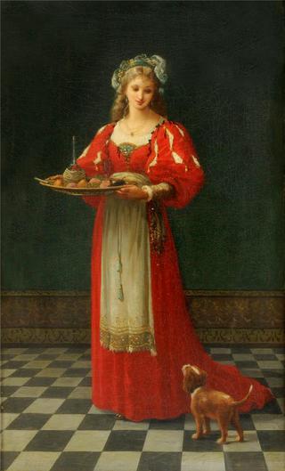 Interior Scene with a girl holding a tray of fruit with a dog by her side