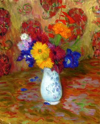 Flowers Against a Palm Leaf Pattern