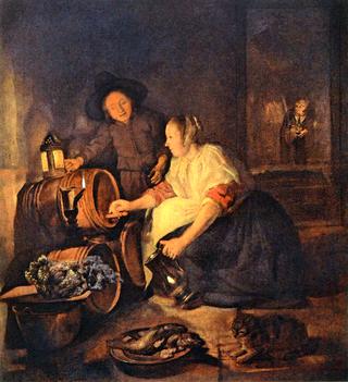 A Woman Tapping from a Cask, with a Bo