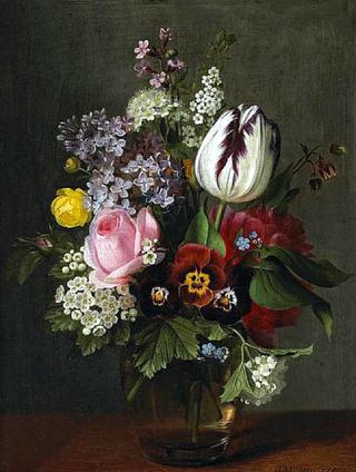 A still life with a rose, a tulip, pansies and other flowers in a glass vase