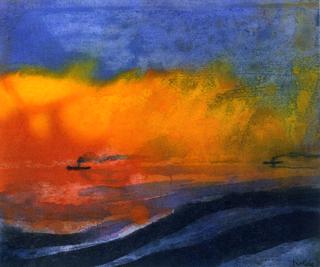 Sea and Two Steamboats with Red Evening Sky