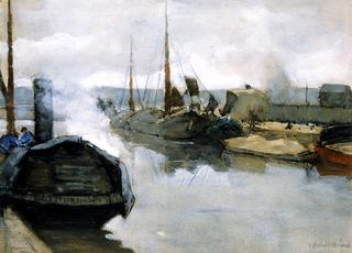 Moored ships in city harbour