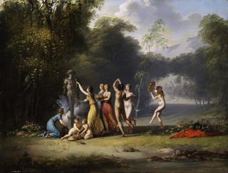 Nymphs Dancing around the Bust of a God