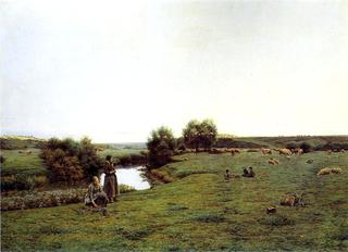 Picking Wildflowers in a Pastoral Landscape