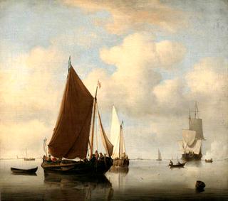 A Calm Sea with two Fishing Boats and a Man-of-War Firing a Salute Beyond