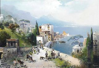 A Busy Coastal Path on the Bay of Naples, Vesuvius Beyond