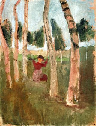 Birch Trunks with Swinging Child