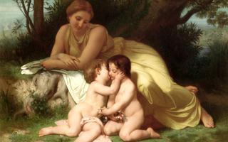 Young Woman Contemplating Two Embracing Children