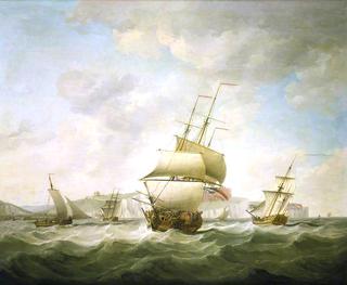 一个商人和一艘皇家游艇迎风驶离多佛