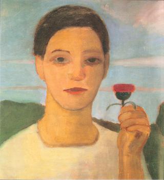 Portrait of sister Herma with artichoke flower in his raised hand