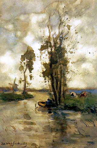 Fisherman in polder landscape