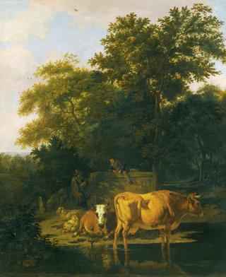 A Wooded Landscape at Dusk, with Two Herdsmen a Dog, Sheep and Cattle