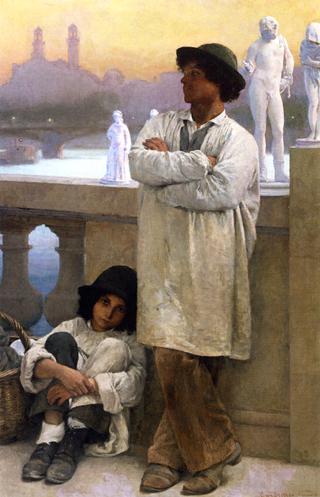 Young Sculptors on a Bridge in Paris, the Old Trocadero in the Distance